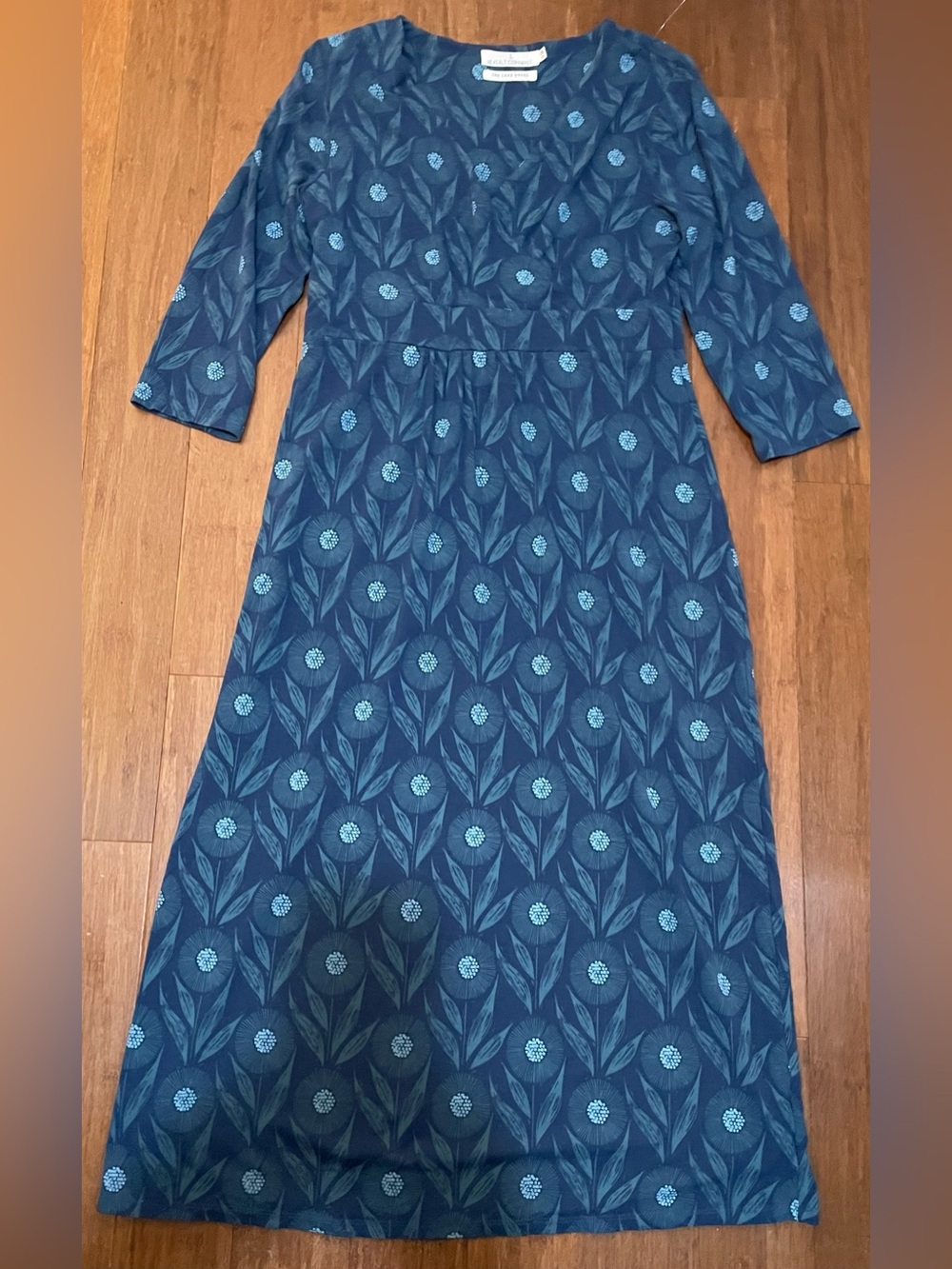 Seasalt Cornwall Dress Blue Floral UK 12/ US 8 Midi 3/4 Sleeve Cottage Stretch